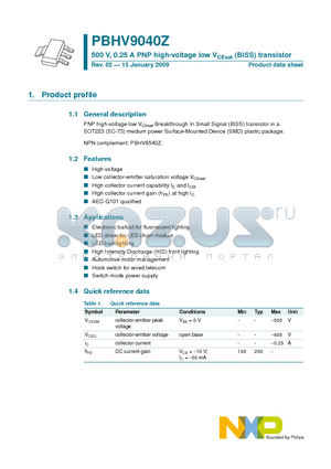 PBHV9040Z datasheet - 500 V, 0.25 A PNP high-voltage low VCEsat (BISS) transistor