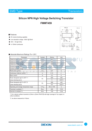 FMMT459 datasheet - Silicon NPN High Voltage Switching Transistor
