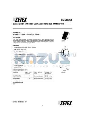 FMMT459TC datasheet - 450V SILICON NPN HIGH VOLTAGE SWITCHING TRANSISTOR