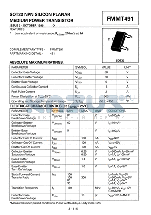 FMMT491 datasheet - NPN SILICON PLANAR MEDIUM POWER TRANSISTOR