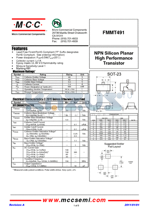FMMT491 datasheet - NPN Silicon Planar High Performance Transistor