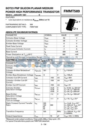 FMMT589 datasheet - SOT23 PNP SILICON PLANAR MEDIUM