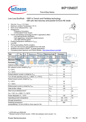 IKP15N60T datasheet - Low Loss DuoPack : IGBT in Trench and Fieldstop technology with soft, fast recovery anti-parallel EmCon HE diode