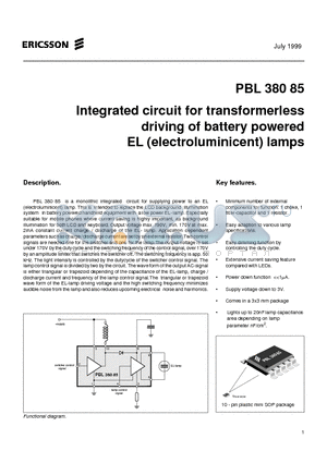 PBL38085 datasheet - Integrated circuit for transformerless driving of battery powered EL (electroluminicent) lamps