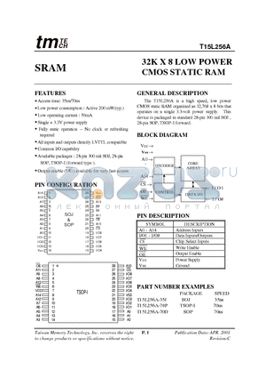 T15L256A-70P datasheet - 32K X 8 LOW POWER CMOS STATIC RAM