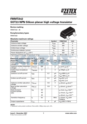 FMMTA42 datasheet - SOT23 NPN Silicon planar high voltage transistor