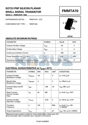 FMMTA70 datasheet - SOT23 PNP SILICON PLANAR SMALL SIGNAL TRANSISTOR