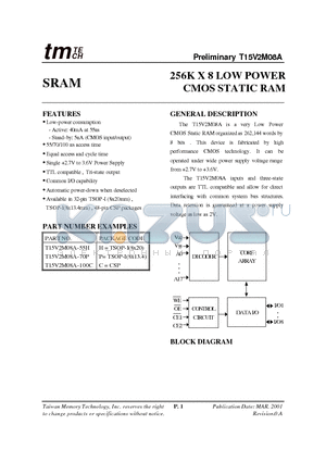 T15V2M08A-70P datasheet - 256K X 8 LOW POWER CMOS STATIC RAM