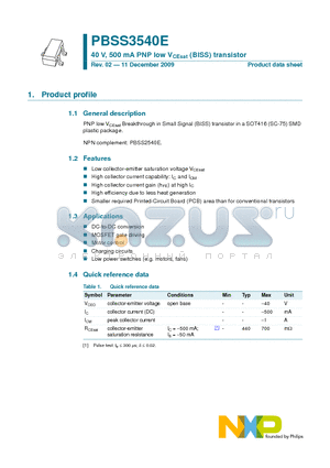 PBSS3540E datasheet - 40 V, 500 mA PNP low VCEsat (BISS) transistor