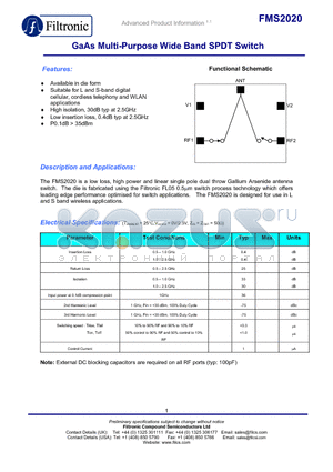FMS2020 datasheet - GaAs Multi-Purpose Wide Band SPDT Switch