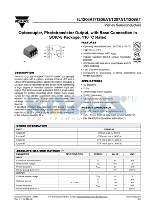 IL1207AT datasheet - Optocoupler, Phototransistor Output, with Base Connection in SOIC-8 Package, 110 `C Rated