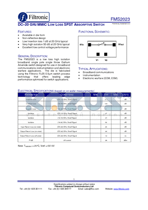 FMS2023-000 datasheet - DC-20 GHZ MMIC LOW LOSS SPST ABSORPTIVE SWITCH