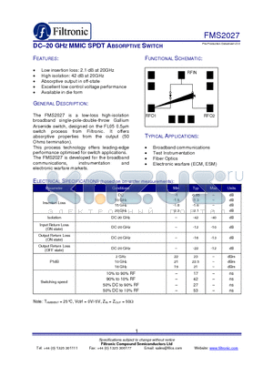 FMS2027 datasheet - DC-20 GHZ MMIC SPDT ABSORPTIVE SWITCH