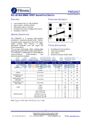 FMS2027_1 datasheet - DC-20 GHZ MMIC SPDT ABSORPTIVE SWITCH