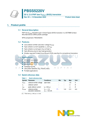 PBSS5220V datasheet - 20 V, 2 A PNP low VCEsat (BISS) transistor