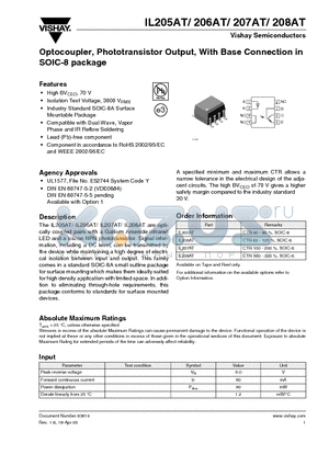 IL205AT_05 datasheet - Optocoupler, Phototransistor Output, With Base Connection in SOIC-8 package