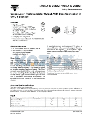 IL208AT datasheet - Optocoupler, Phototransistor Output, With Base Connection in SOIC-8 package