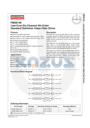 FMS6146MTC14 datasheet - Low-Cost Six-Channel 4th-Order Standard Defi nition Video Filter Driver