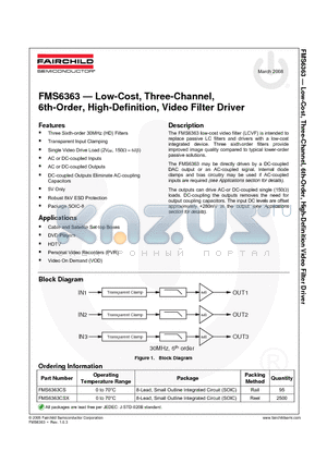 FMS6363CSX datasheet - Low-Cost, Three-Channel, 6th-Order, High-Definition, Video Filter Driver