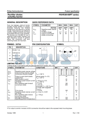 PBYR3060PT datasheet - Rectifier diodes schottky barrier