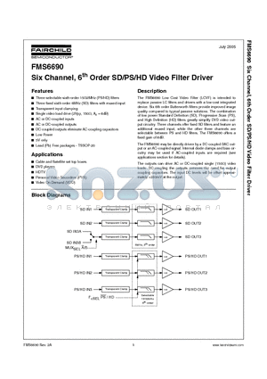 FMS6690 datasheet - Six Channel, 6th Order SD/PS/HD Video Filter Driver