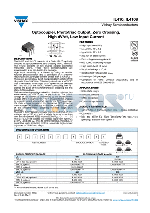 IL410-X007T datasheet - Optocoupler, Phototriac Output, Zero Crossing