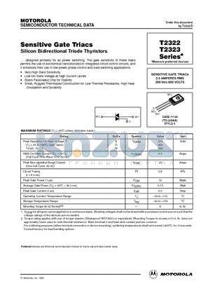 T2322 datasheet - SENSITIVE GATE TRIACs 2.5 AMPERES RMS 200 thru 600 VOLTS