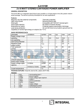 ILA1519B1 datasheet - 2 X 6 WATT STEREO CAR RADIO POWER AMPLIFIER