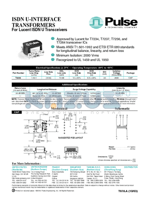 T4008 datasheet - ISDN U-INTERFACE TRANSFORMERS