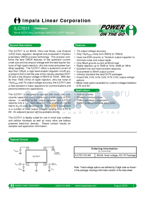 ILC7011C5-50 datasheet - 80mA SC70 Ultra Low Noise CMOS RF-LDO Regulator
