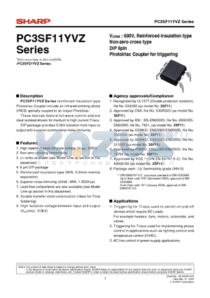 PC3SF11YVZ_04 datasheet - VDRM : 600V, Reinforced insulation type Non-zero cross type DIP 6pin Phototriac Coupler for triggering