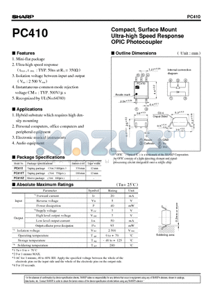 PC410 datasheet - Compact, Surface Mount Ultra-high Speed Response OPIC Photocoupler