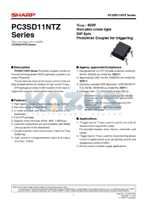 PC3SD11NTZ datasheet - VDRM : 600V Non-zero cross type DIP 6pin Phototriac Coupler for triggering