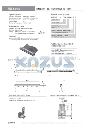 FNS13-09600-00BF datasheet - DIN41612 - IDC Type Socket, 64 96 Leads / 33MIL (0.847mm), Hitachi Cable (150V, 105`C)