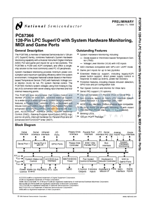 PC87366 datasheet - 128-Pin LPC SuperI/O with System Hardware Monitoring, MIDI and Game Ports