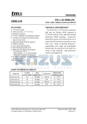 T431616A datasheet - 1M x 16 SDRAM