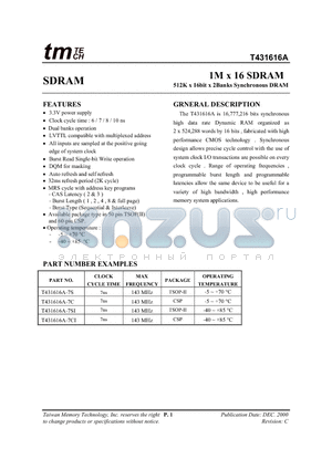 T431616A-7SI datasheet - 1M x 16 SDRAM