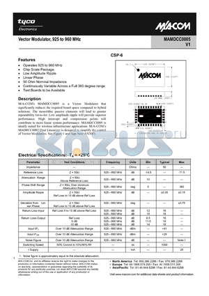 MAMDCC0005-DC000 datasheet - Vector Modulator, 925 to 960 MHz