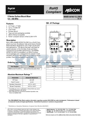 MAMX-007607-ELCM1H datasheet - E-Series Surface Mount Mixer 0.5 - 500 MHz