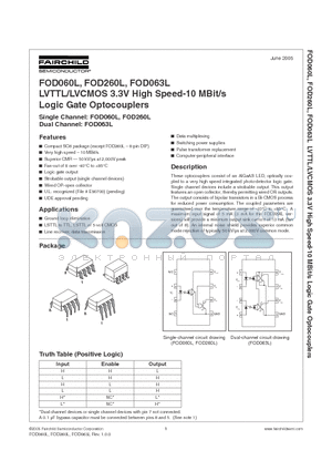 FOD260L datasheet - LVTTL/LVCMOS 3.3V High Speed-10 MBit/s Logic Gate Optocouplers