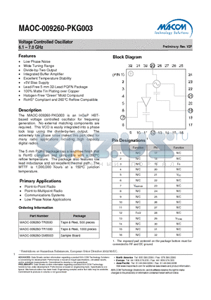 MAOC-009260-PKG003 datasheet - Voltage Controlled Oscillator 6.1 - 7.0 GHz