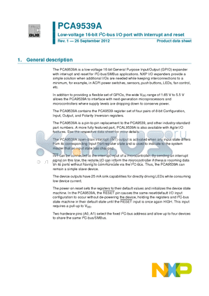 PCA9539A datasheet - Low-voltage 16-bit I2C-bus I/O port with interrupt and reset