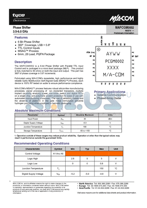 MAPCGM0002 datasheet - Phase Shifter 3.5-6.0 GHz