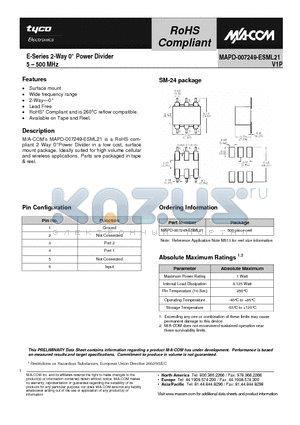 MAPD-007249-ESML21 datasheet - E-Series 2-Way 0Power Divider 5 - 500 MHz