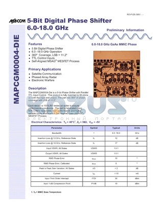 MAPCGM0004-DIE datasheet - 5-Bit Digital Phase Shifter 6.0-18.0 GHz