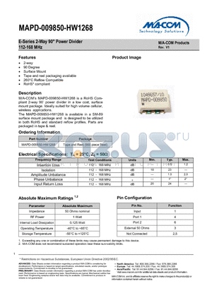 MAPD-009850-HW1268 datasheet - E-Series 2-Way Power Divider