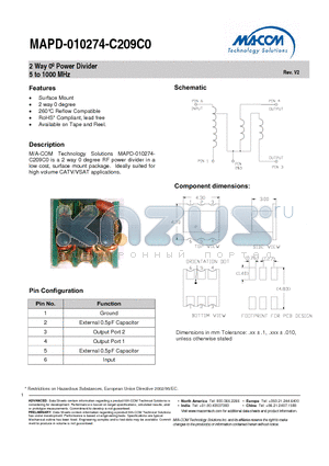 MAPD-010274-C209TB datasheet - 2 Way Power Divider
