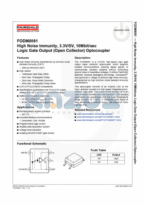 FODM8061 datasheet - High Noise Immunity, 3.3V/5V, 10Mbit/sec Logic Gate Output (Open Collector) Optocoupler