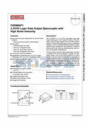 FODM8071 datasheet - 3.3V/5V Logic Gate Output Optocoupler with High Noise Immunity
