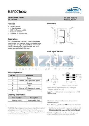 MAPDCT0002 datasheet - 2 Way 0j Power Divider 5 to 1000 MHz
